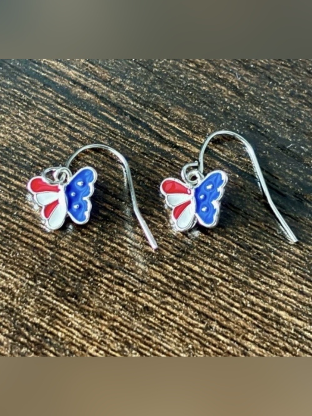 Patriotic 4th Of July Silver Tone Red White & Blue Butterfly Drop Earrings